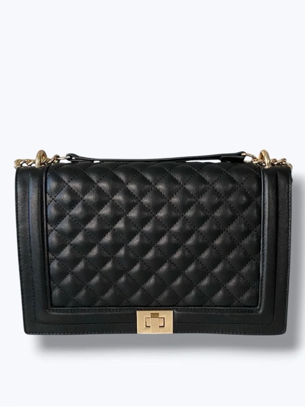 INC Black Leather Quilted Flap Crossbody Shoulder Bag Gold Turn-Lock Chain